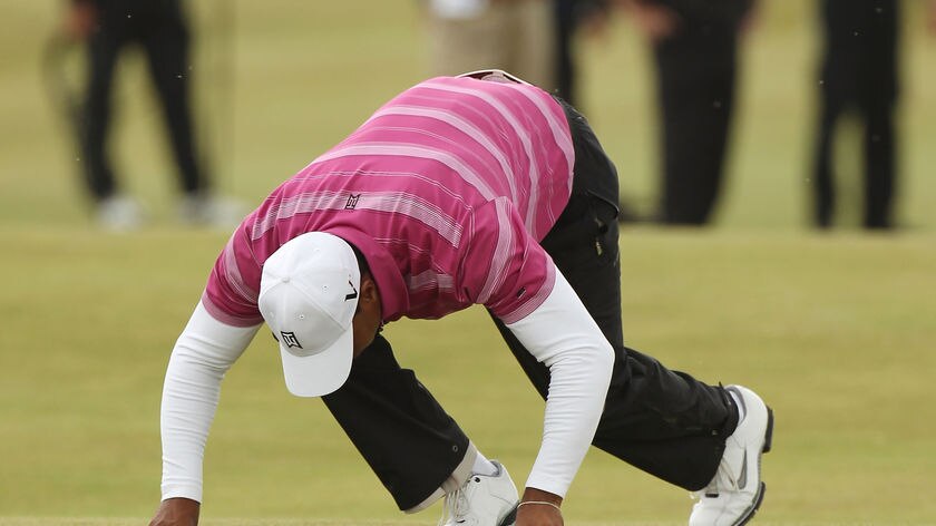 Tiger Woods blows an insect off his ball on the 14th hole.