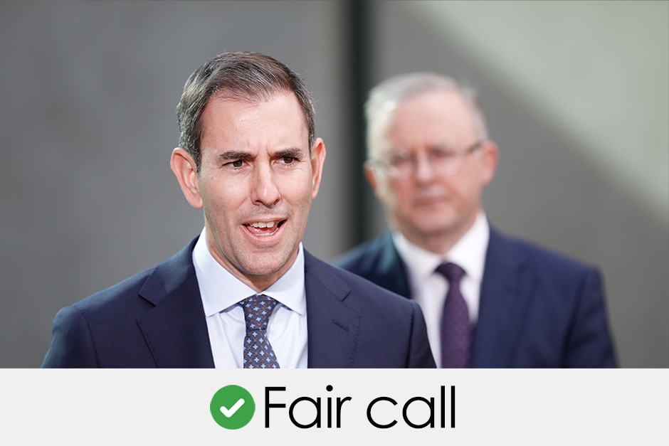 Jim Chalmers speaking at a press conference at Parliament House. Verdict is "fair call" with a green tick