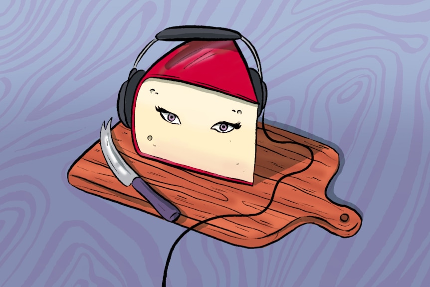Cartoon image of a wedge of cheese with eyes and headphones, resting on a plate with a cheese knife