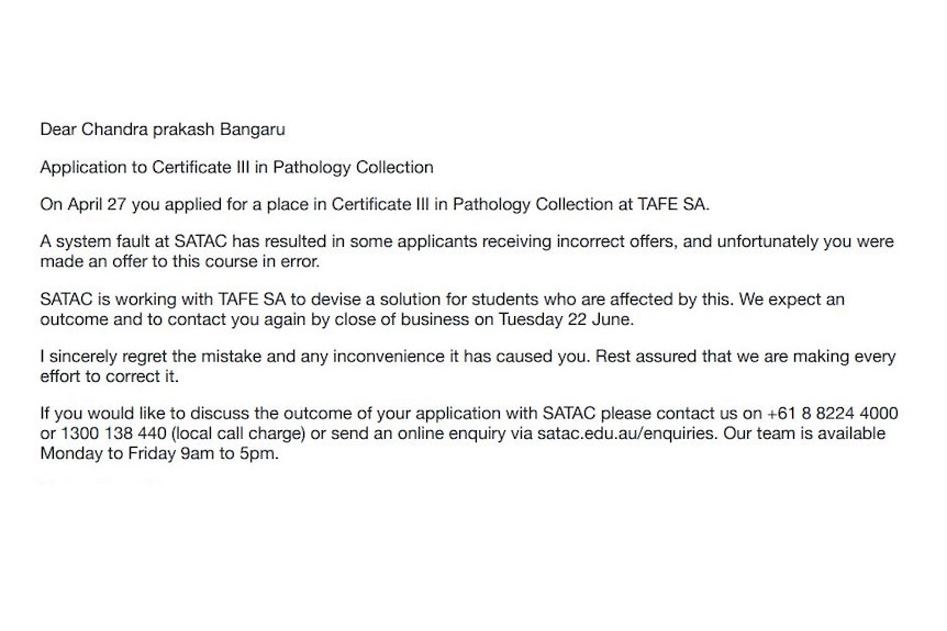 An email to a TAFE applicant.