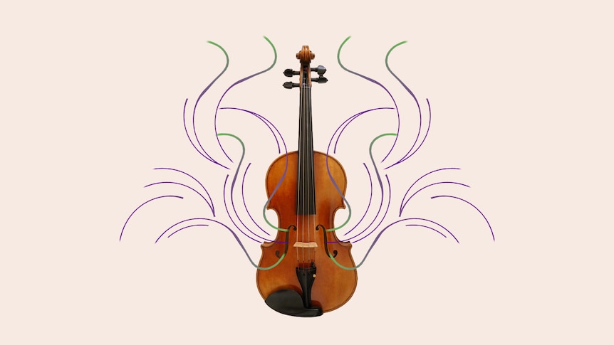 A viola front-on on a beige background, with symmetrical green and purple swirls suggesting sound and energy. 