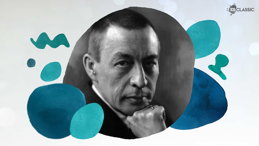 An image of composer Sergei Rachmaninov with stylised musical notation overlayed in tones of teal.