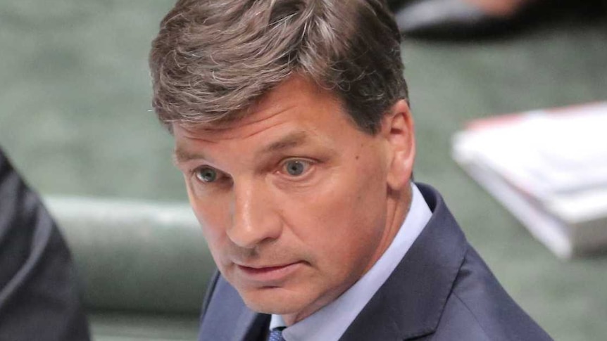 Angus Taylor speaks at the despatch box with Scott Morrison sitting behind him