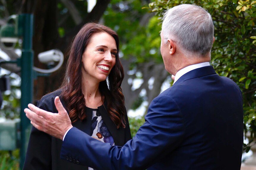 Malcolm Turnbull greets New Zealand Prime Minister Jacinda Ardern.