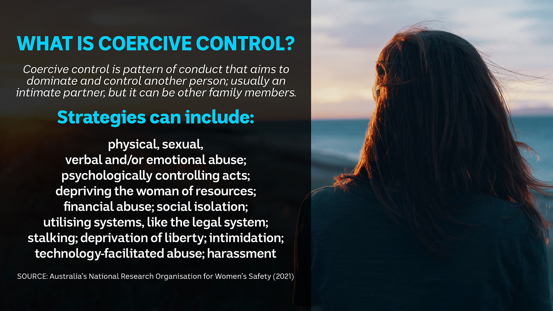 A graphic that lists behaviours considered coercive control including emotional abuse. 