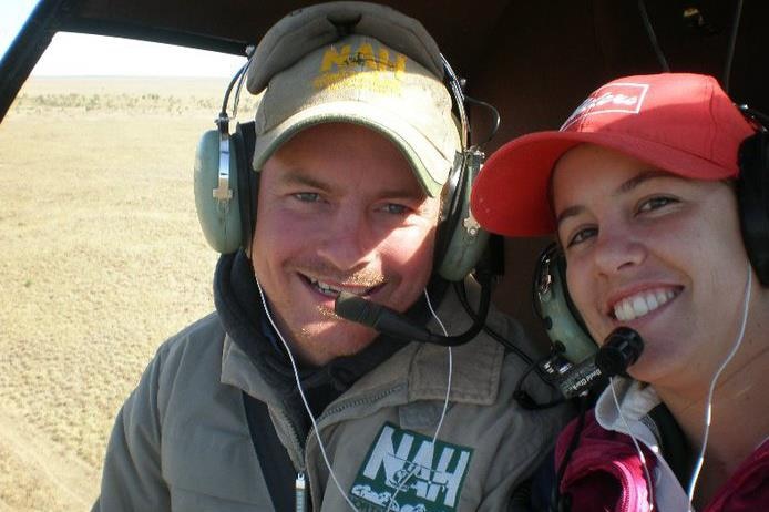 Wal and Chloe Hazlett in a helicopter