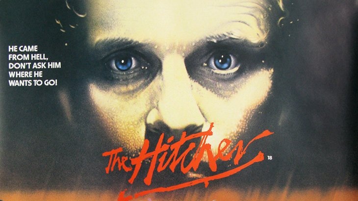 Movie poster of The Hitcher. Features a red sports car superimposed over Rutger Hauer's face.