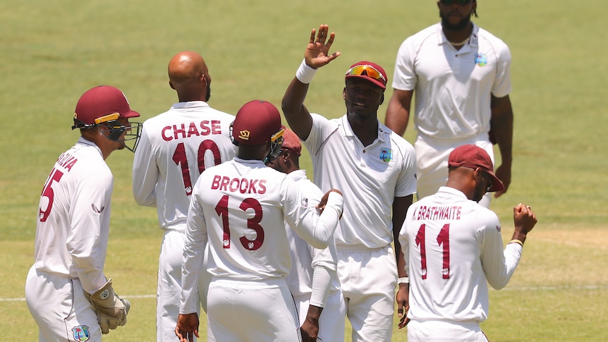 A group of cricketers celebrate taking a wicket