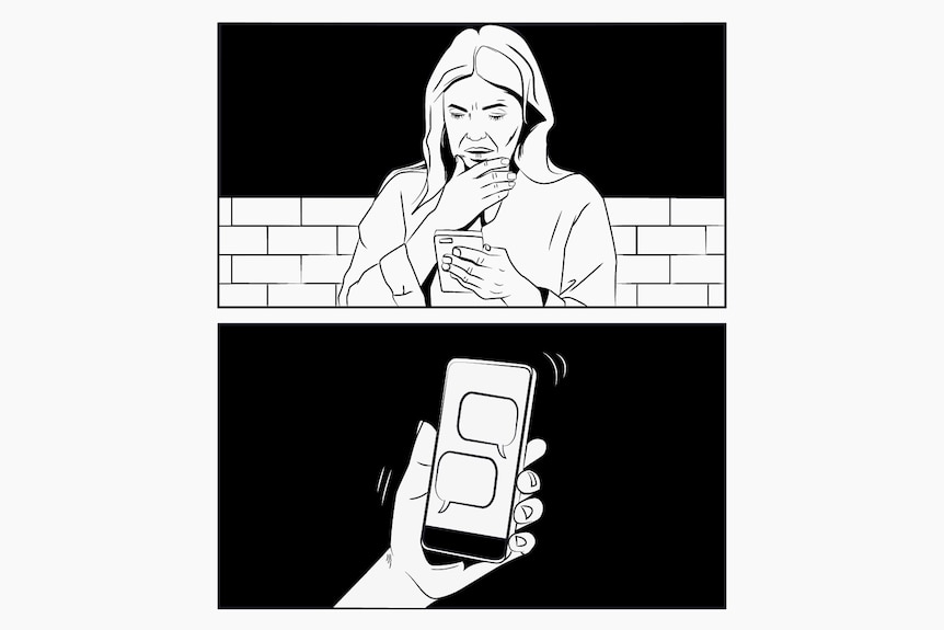comic illustration of woman with long hair holding phone looking worried.