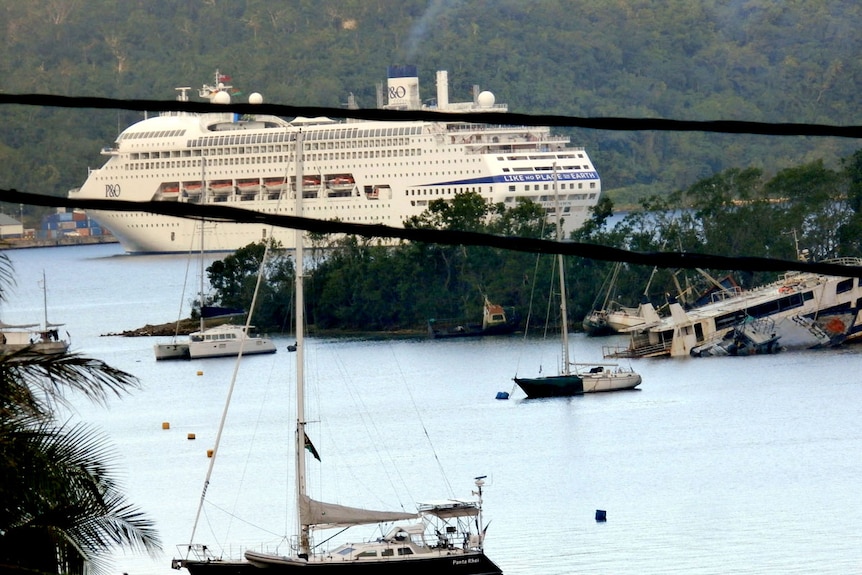 A P&O Cruise ship docked in Vila Bay.