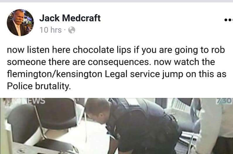 A Facebook post by Hume Councillor Jack Medcraft in which he refers to an African victim of police brutality as "chocolate lips"