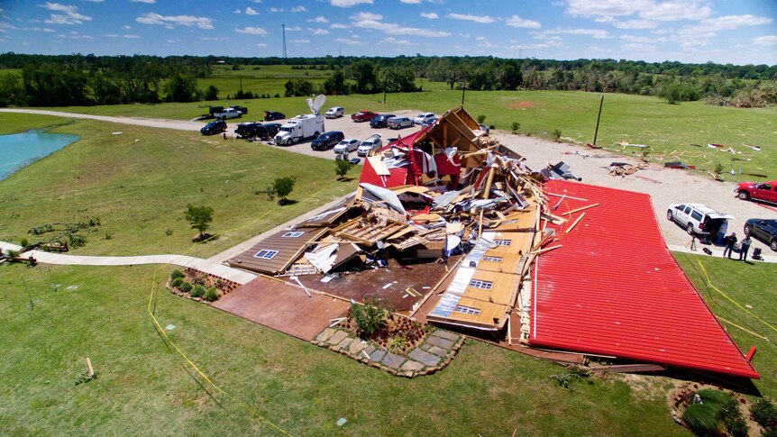 The Rustic Barn, an event hall, which suffered major tornado damage, is seen from an unmanned aerial vehicle in Canton, Texas.