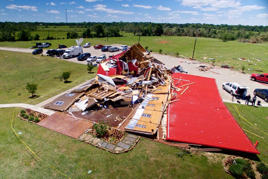 The Rustic Barn, an event hall, which suffered major tornado damage, is seen from an unmanned aerial vehicle in Canton, Texas.