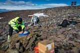 Scientist on rocky hill with equipment