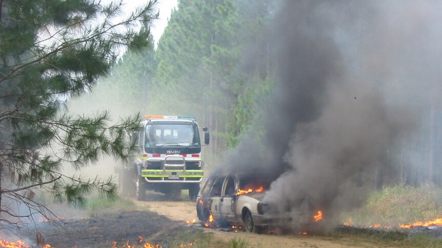 Car burning with a fire truck behind it, in the middle of a forestry plantation