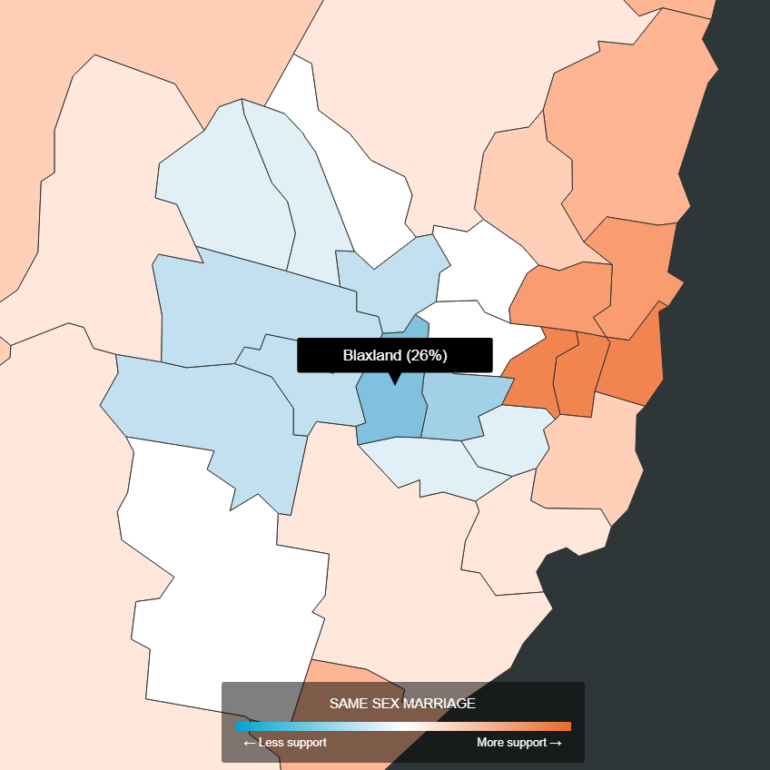 A map shows SSM support in the seat of Blaxland was just 24 per cent and a number of nearby seats voted 'no' as well.