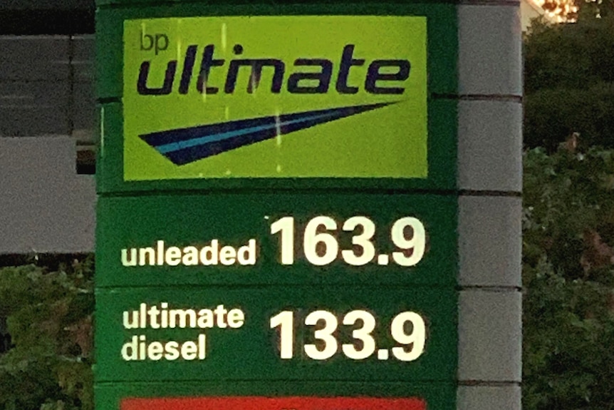 A sign showing the price per litre at a BP petrol station