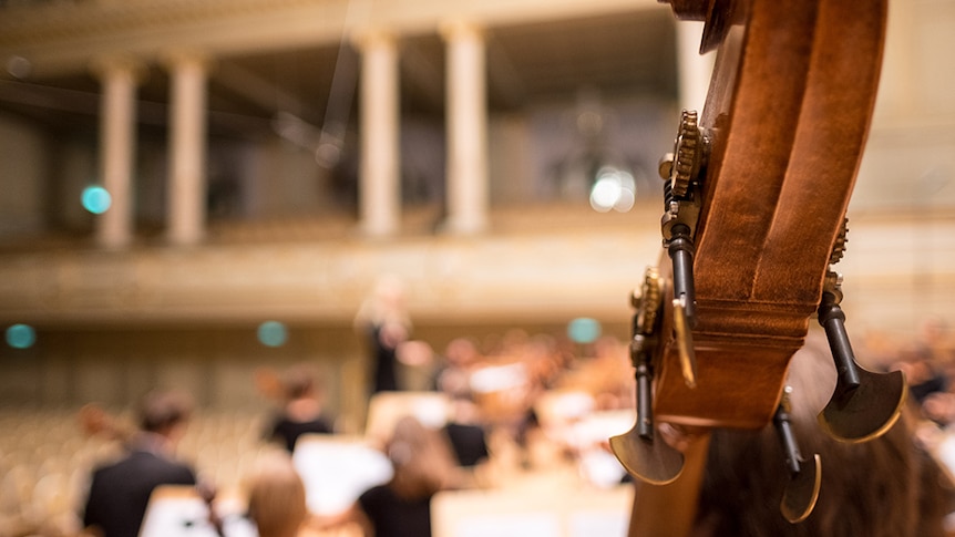 The scroll of a string instrument in focus in the foreground with and orchestra out of focus in the background.