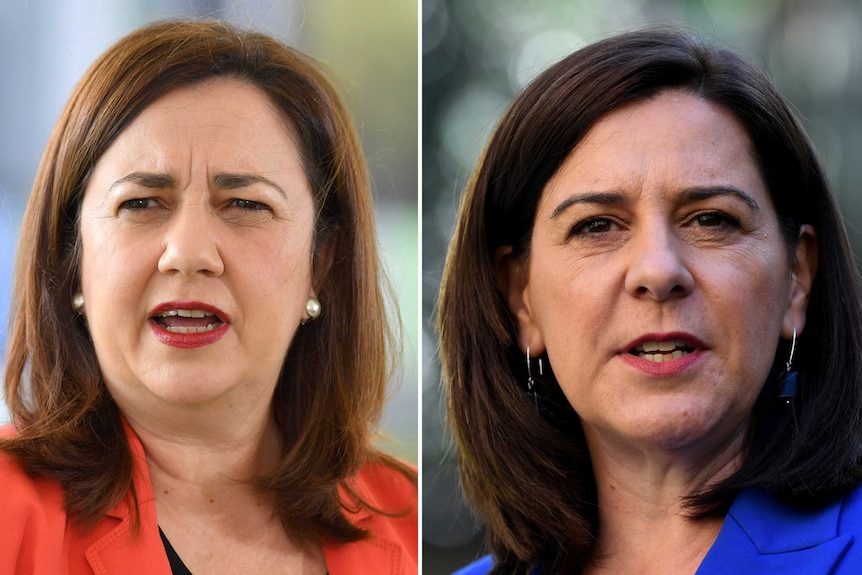 Headshots of two women wearing red and blue speaking.