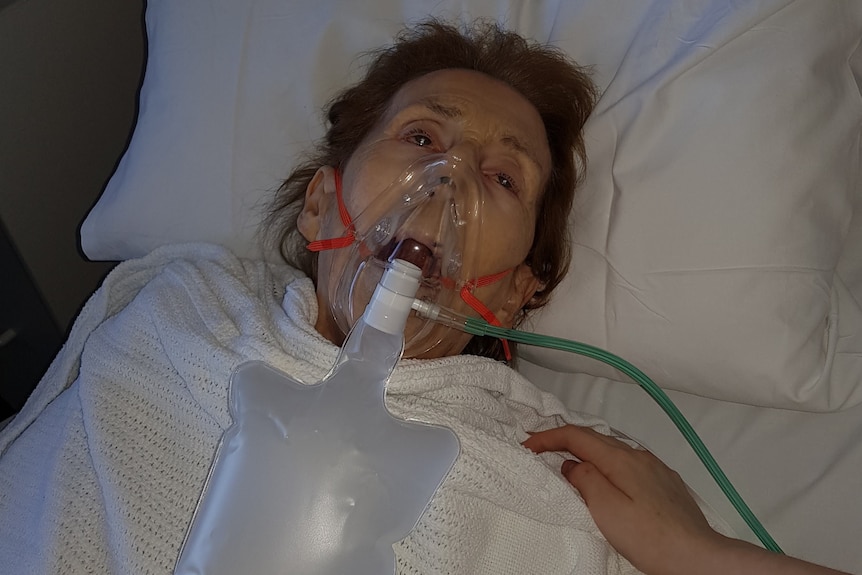 Elderly woman laying in a hospital bed.