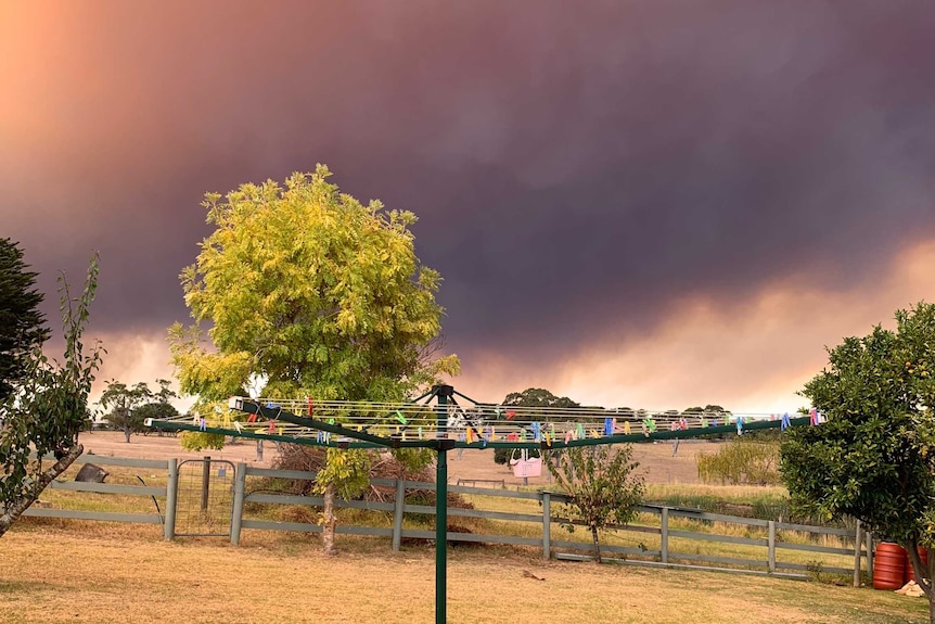 smoke in the sky behind a backyard and clothesline