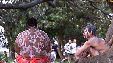 Monero Aboriginal dancers watch joggers in the Botanical Gardens in Sydney.