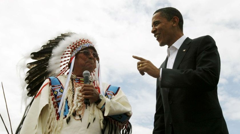 Senator Barack Obama talks to Carl Venne, chairman of the Crow tribe