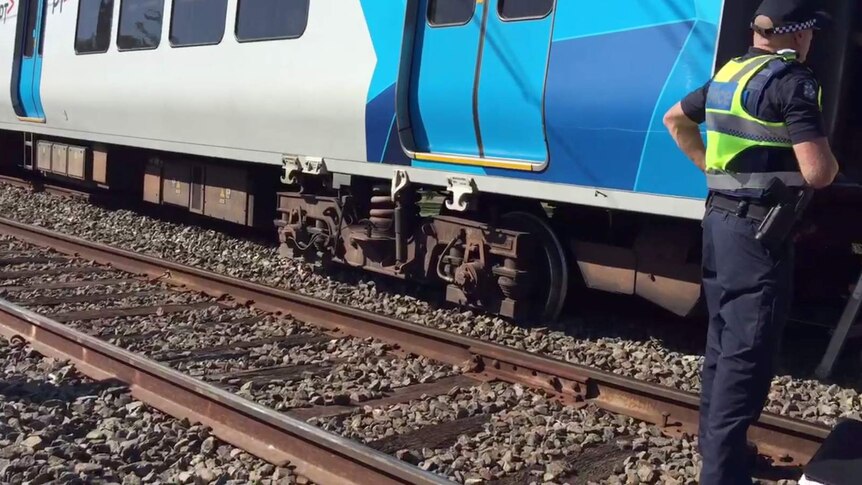 A close-up showing the train had derailed from the tracks by at least a metre
