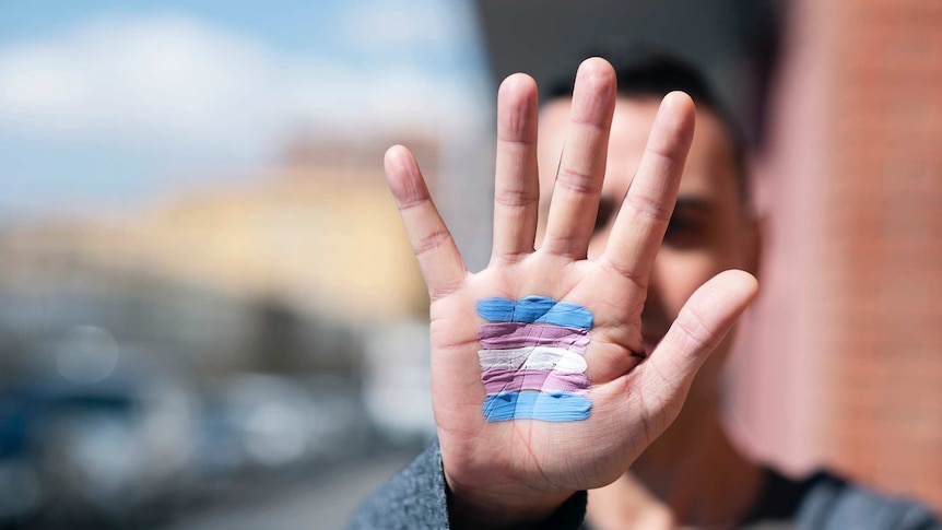 Closeup of the palm of the hand of a young person with a transgender flag painted in it, in front of their face