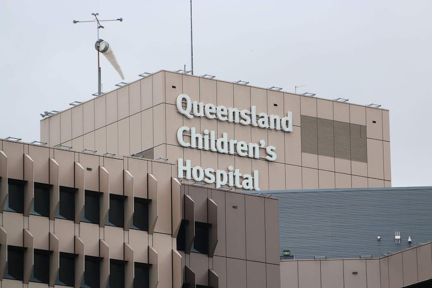 Close up of signage atop the Queensland Children's Hospital complex in South Brisbane on February 4, 2021