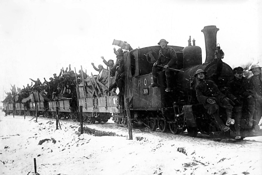 One of the Hunslet being being used in World War I filled with officers.