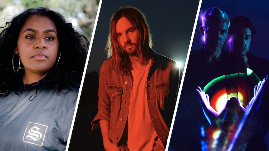 A collage of 2020 AMP finalists Miiesha, Tame Impala, The Avalanches