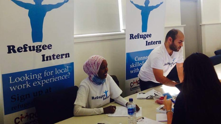 Refugee Talent co-founder Nirary Dacho and staff member at a careers expo for refugees