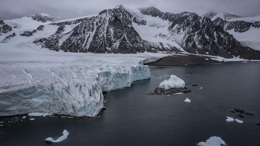 A general scene of the antarctic with ice on black rocky mountains and small ice bergs 