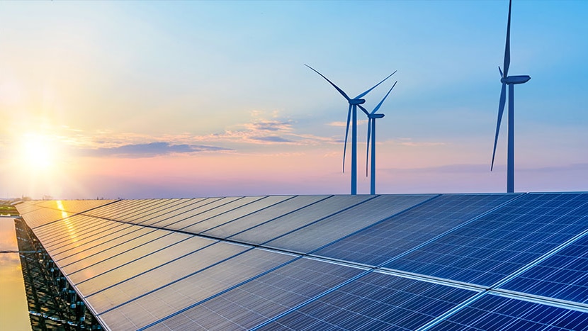 A row of solar panels and wind turbines 