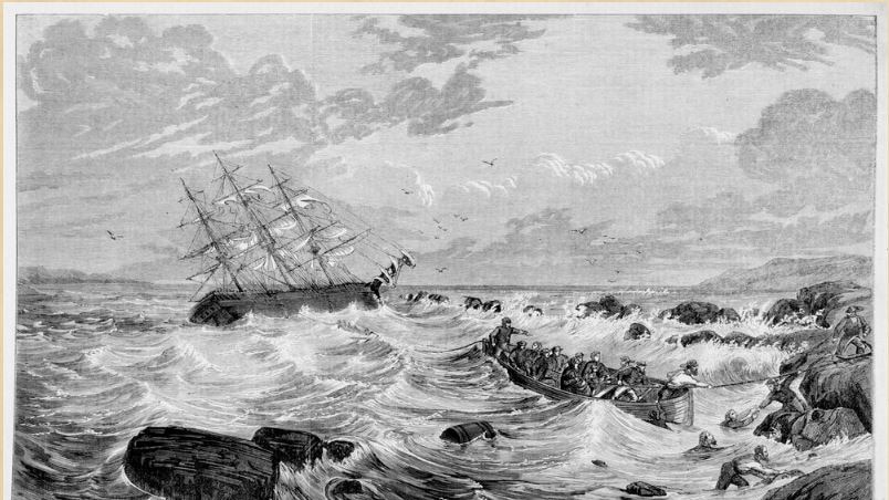 The shipwreck of the Netherby, an engraving by Frederick Grosse of artist Oswald Cambell's painting from Australian News For Home Readers 27 Aug 1866.