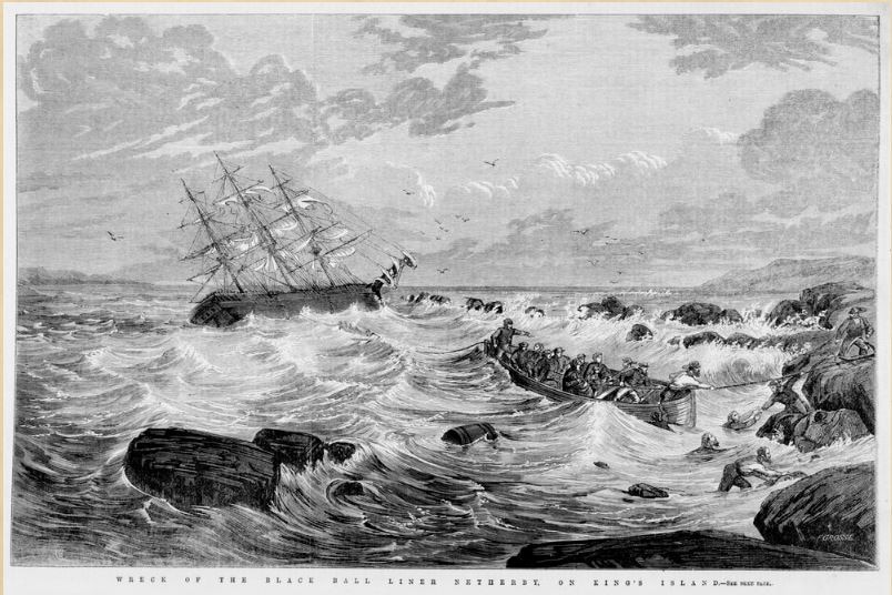 The shipwreck of the Netherby, an engraving by Frederick Grosse of artist Oswald Cambell's painting from Australian News For Home Readers 27 Aug 1866.