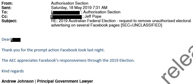 A screenshot of an email from the AEC to Facebook, with some names redacted.