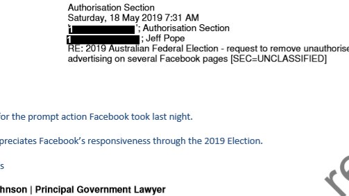 A screenshot of an email from the AEC to Facebook, with some names redacted.