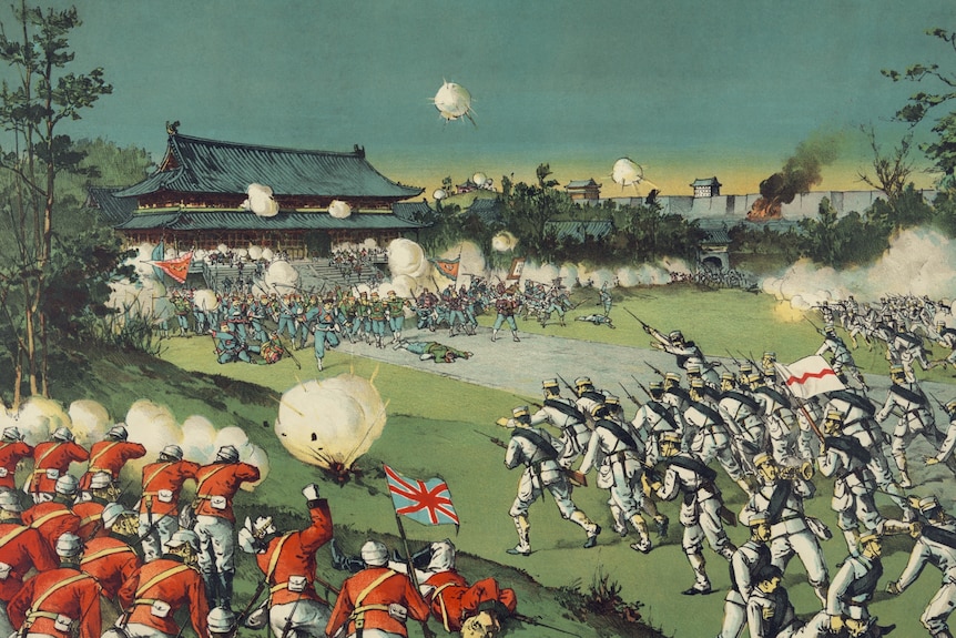 Illustration of three large groups of armed troops, in three different coloured uniforms, running towards each waving guns.