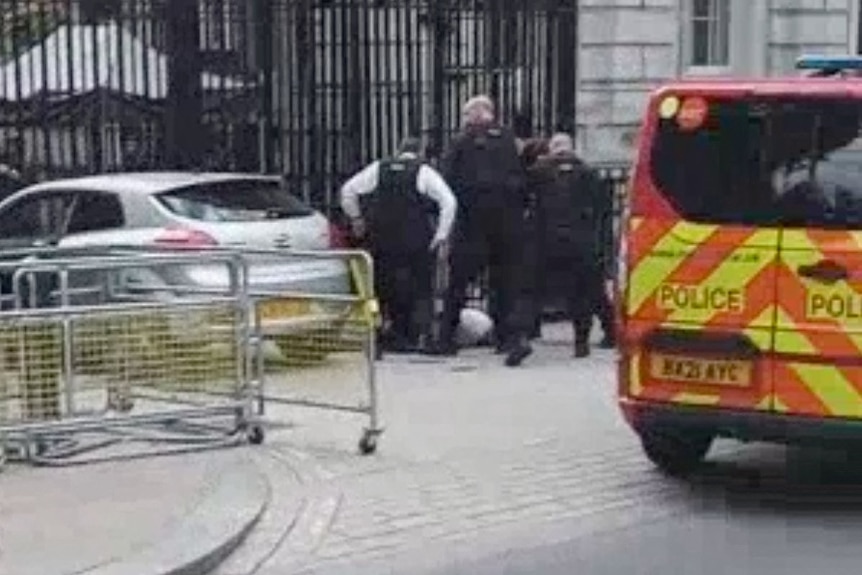 Police officers surround a man after a car crashed into the front gates of Downing Street 
