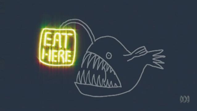 Graphic image a deep sea fish with big teeth beside a glowing neon sign that reads "Eat here"
