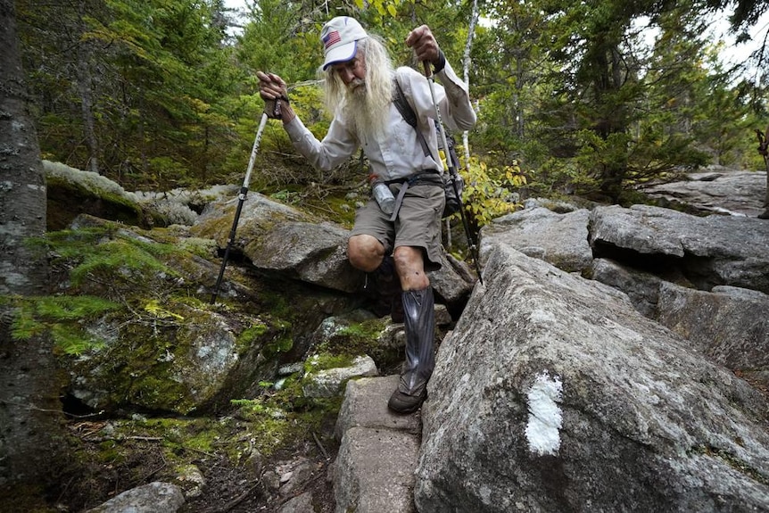 A man with long grey hair descends through large rocks among green forest 