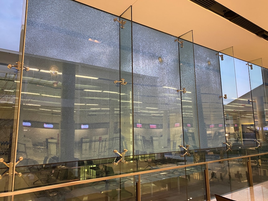 Three bullet holes in large glass windows.