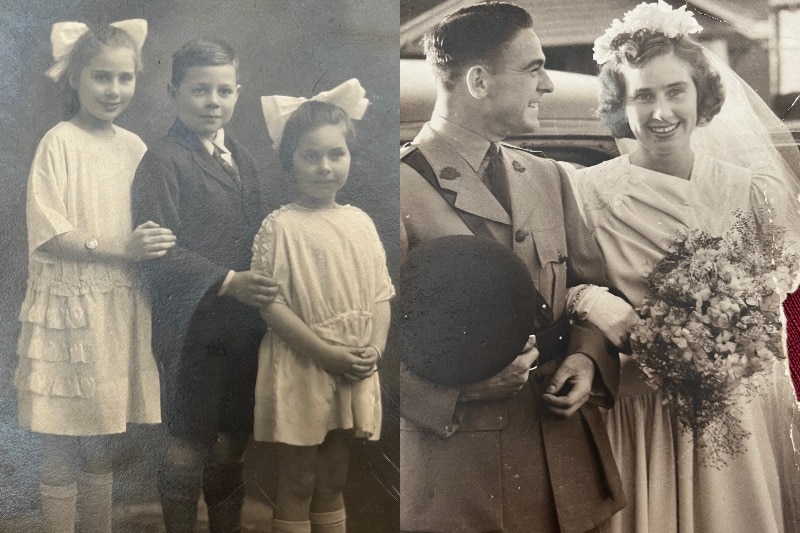 A composite of a black and white photo of children and another of a couple at their wedding