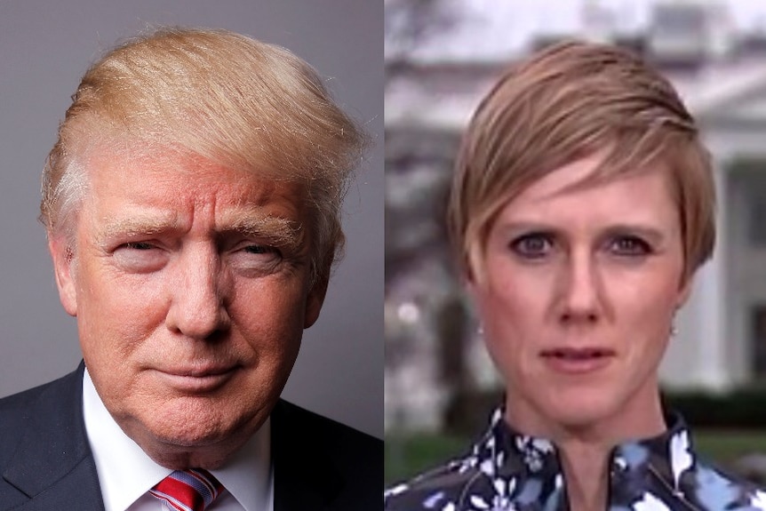 A headshot of Donald Trump looking straight into the camera positioned next to a headshot of reporter Zoe Daniel