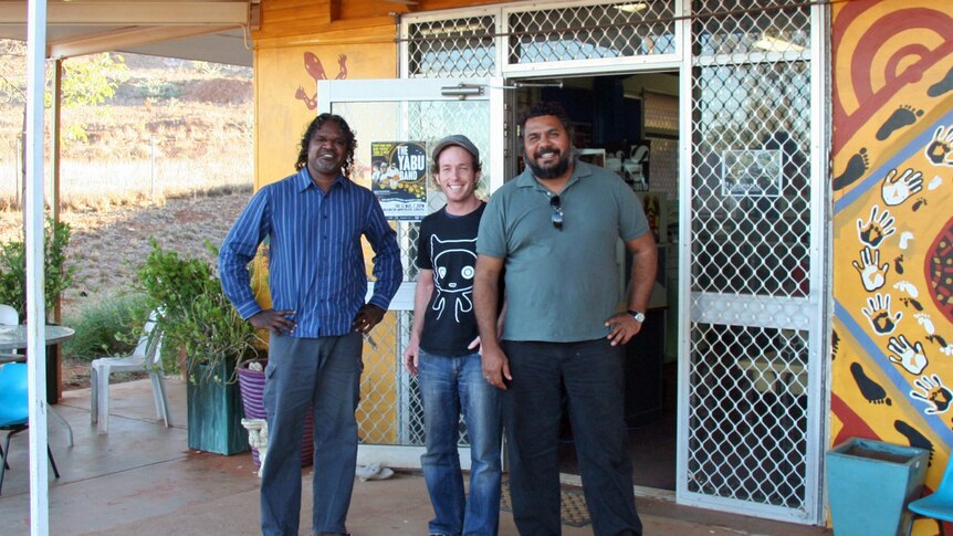 Angus Mack, Sohan Ariel Hayes and Michael Woodley (l to r) outside Juluwarlu Aboriginal Corporation in Roebourne 20 January 2012