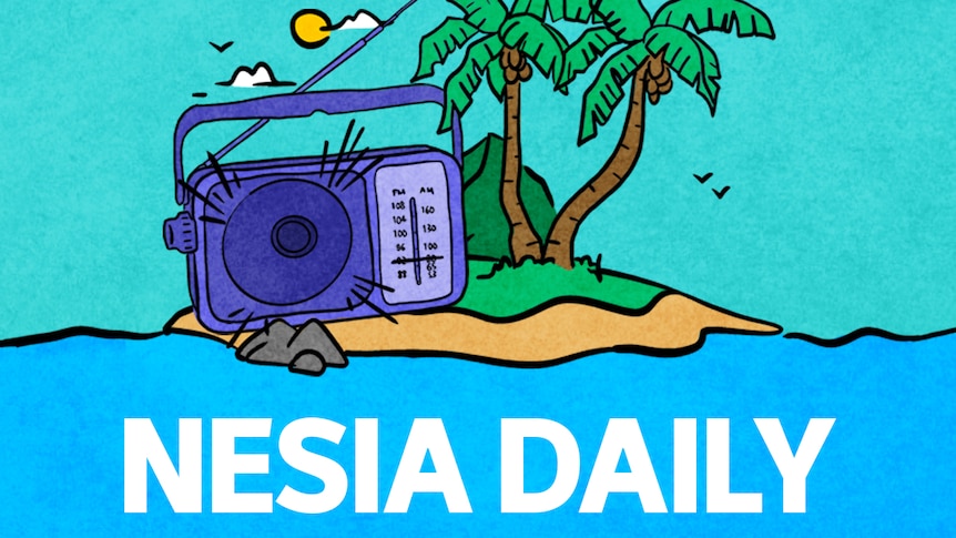A cartoon image of a tropical scene with large radio, and the word Nesia Daily in bold white font