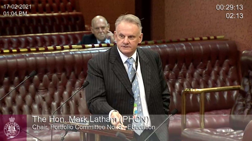 A video still of a grey-haired man in a pin-striped suit speaking in -a parliament building.