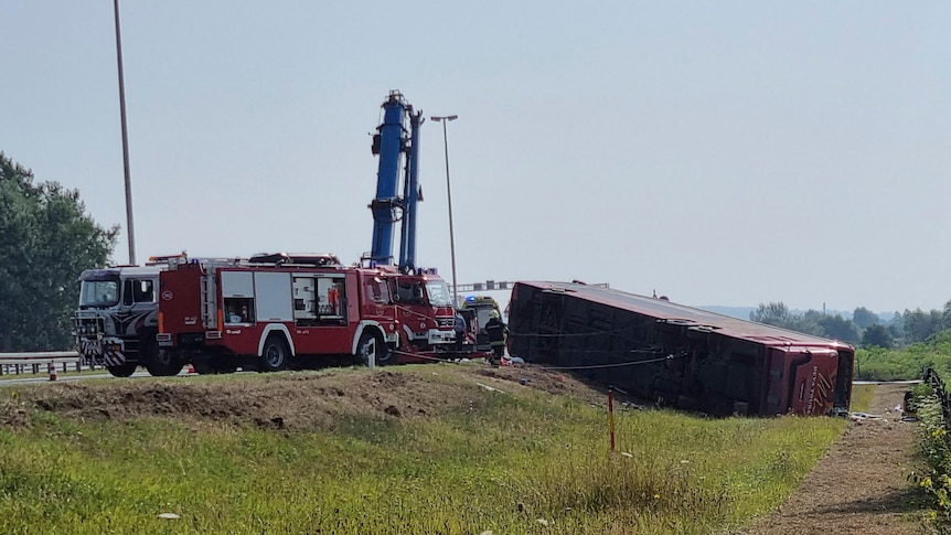 Emergency crews work at the site of a bus accident near Slavonski Brod, Croatia